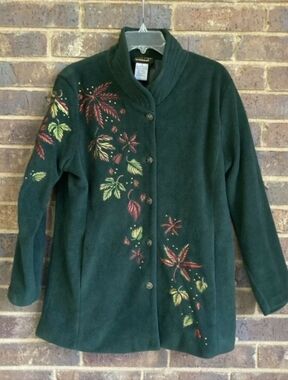 Bob Mackie Embroidered Fleece Jacket Size M Hunter Green Autumn Leaves